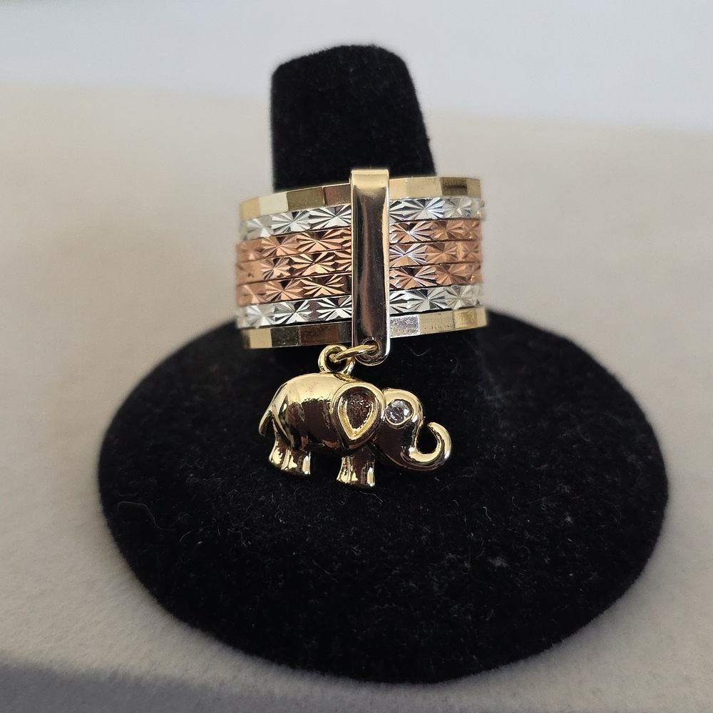 Tricolor Gold Filled Ring Stack with Elephant Charm Size 12